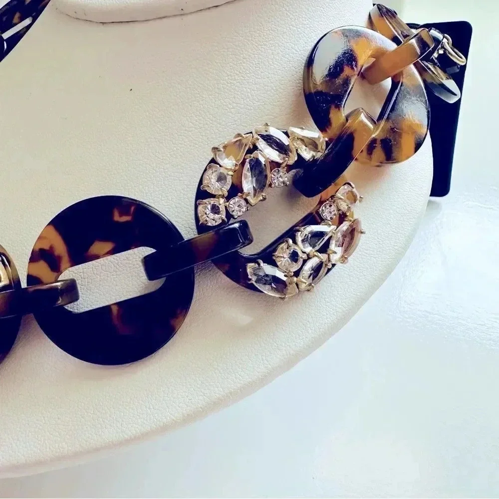 NWT J. Crew Tortoise And Rhinestone/Crystal Link Adjustable Statement Necklace